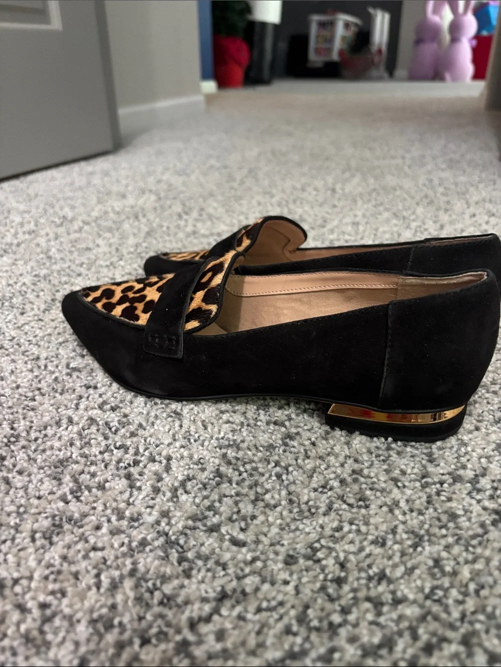 Franco Sarto Black Suede Loafers with Leopard Print Vamp